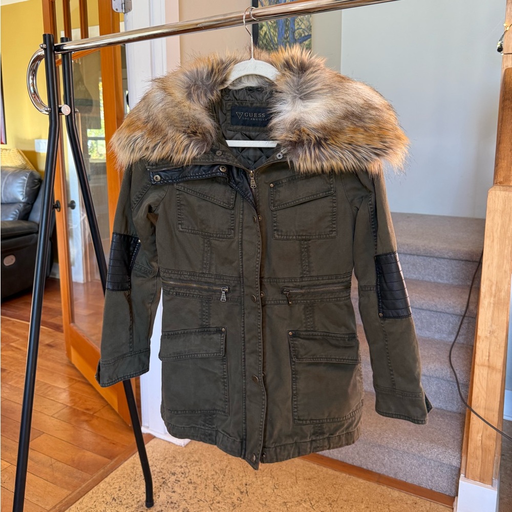 GUESS Women's Olive Green Parka with Faux Fur Hood